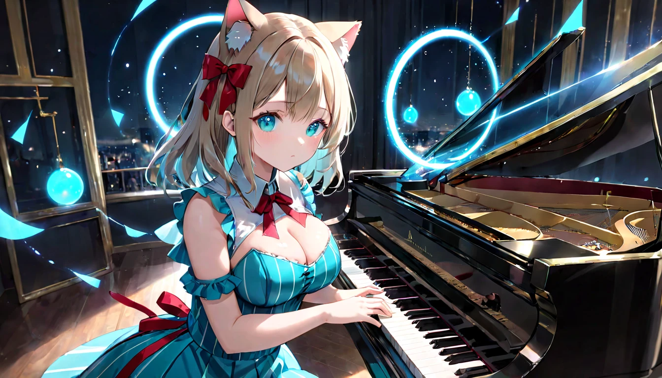 (masterpiece, best quality, very aesthetic, absurdres,general) ,
1girl, solo,、music room、Girl playing classical piano、Cat ear、clear eyes,artificial intelligence,Glowing triangular magic circle,Sad expression,BREAK ,beautiful girl, big breasts, bule cut dress,Turquoise striped pattern, big red ribbon
