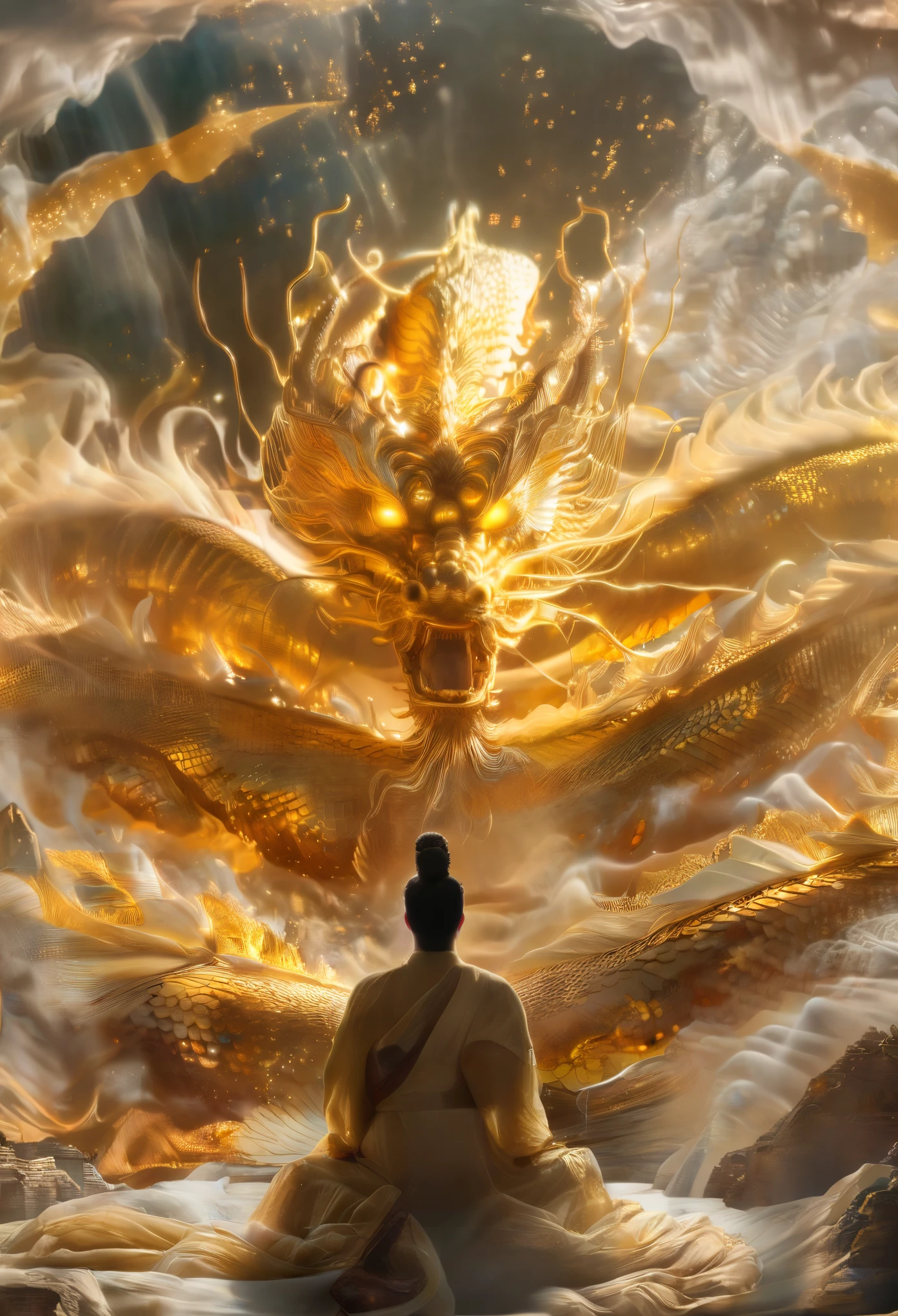 big and small,a majestic Golden Dragon soaring through the sky, depicted in a dynamic pose as it bellows forward with exquisite facial features that exude power and grace. The backdrop features the radiant golden light of the Buddha casting a halo effect behind the dragon, enhancing its divine presence. The image is rendered in CG with ultra-high definition, high frame rate, and image quality of 8K, capturing every intricate detail and movement of the mythical creature in a visually stunning and immersive composition that transports viewers into a realm of fantasy and awe.xianxia