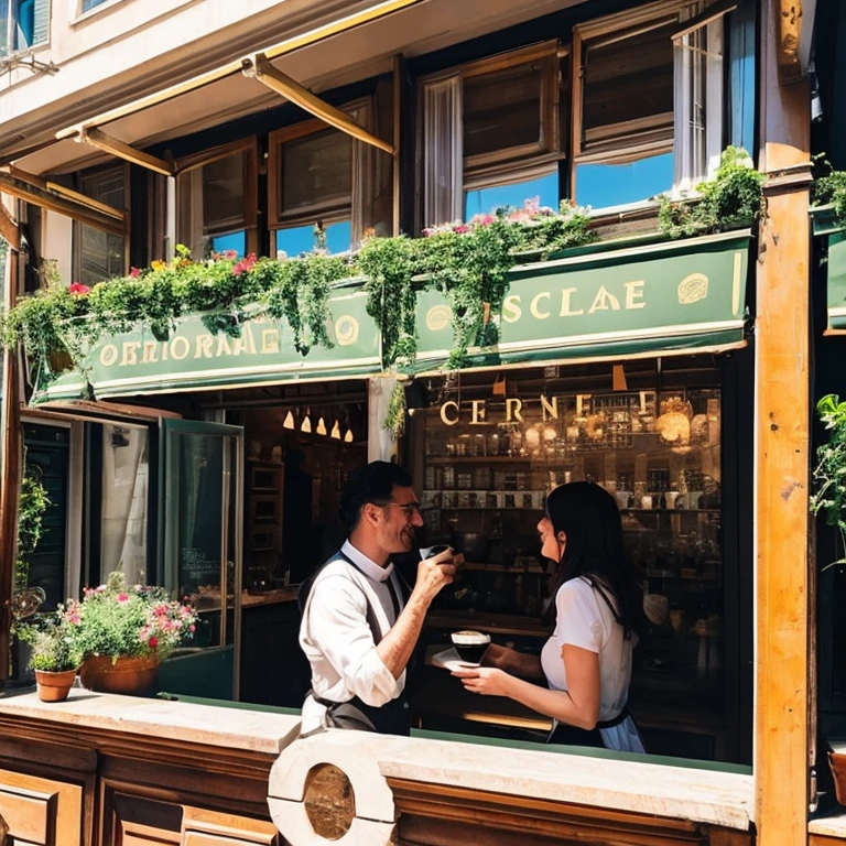 “Roman Café Culture” Prompt: “People enjoying espresso on the terrace々”