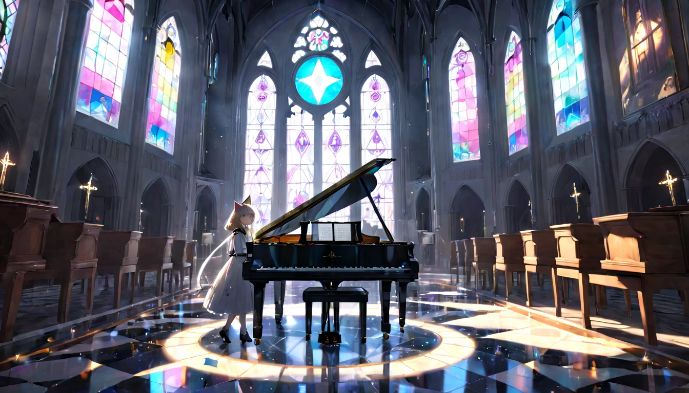 (masterpiece, best quality, very aesthetic, absurdres,general) , 1girl, solo,、music room,classical piano、Cat ear、clear eyes,artificial intelligence,Glowing triangular magic circle,church, stained glass,A girl walking away from a musical instrument