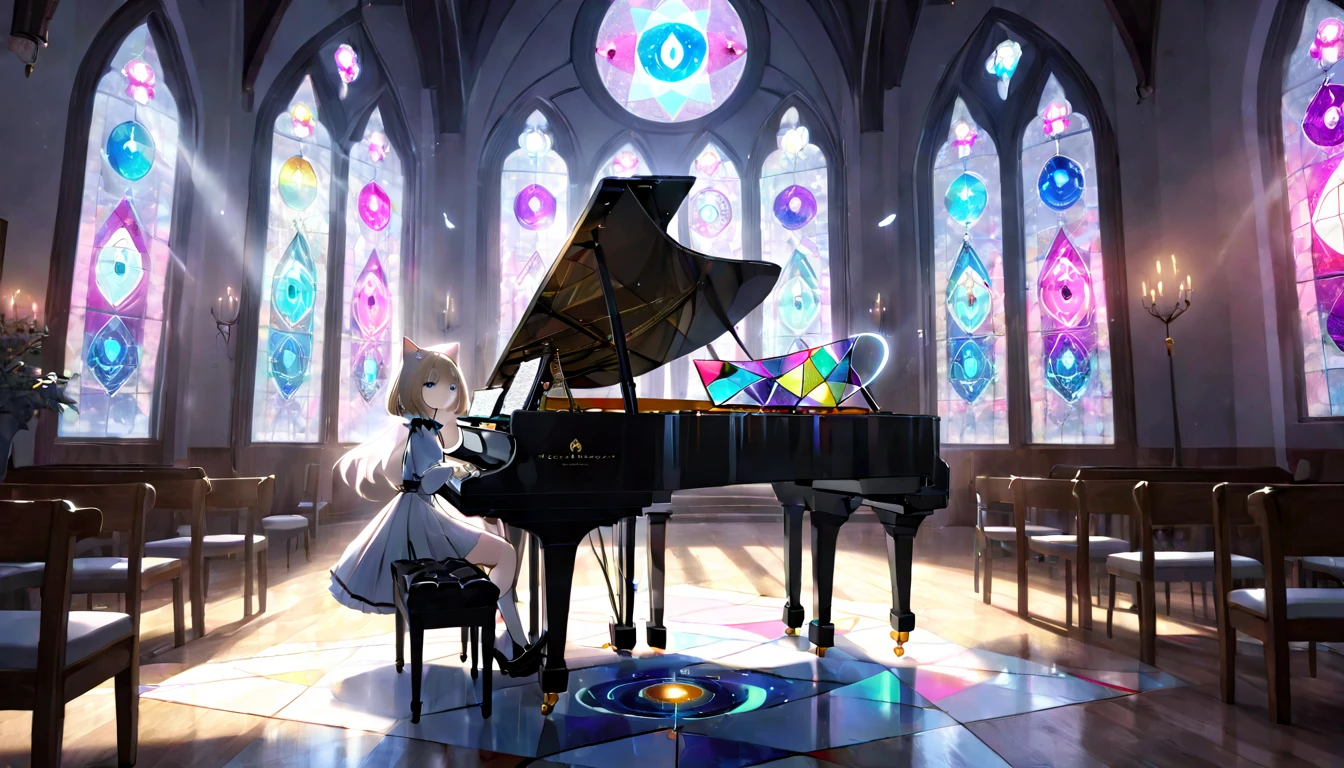 (masterpiece, best quality, very aesthetic, absurdres,general) , 1girl, solo,、music room,classical piano、Cat ear、clear eyes,artificial intelligence,Glowing triangular magic circle,church, stained glass,A girl walking away from a musical instrument