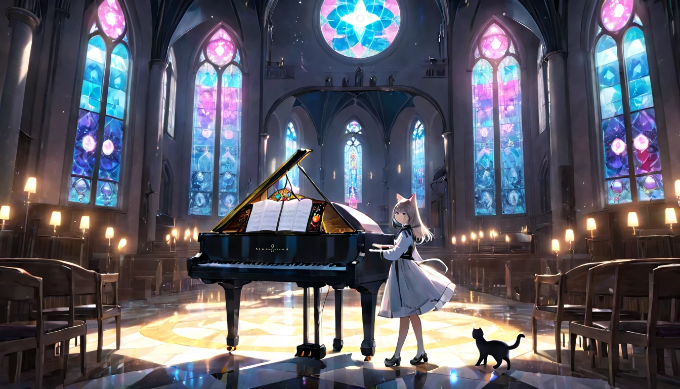 (masterpiece, best quality, very aesthetic, absurdres,general) , 1girl, solo,、music room,classical piano、Cat ear、clear eyes,artificial intelligence,Glowing triangular magic circle,church, stained glass,A girl walking away from a musical instrument