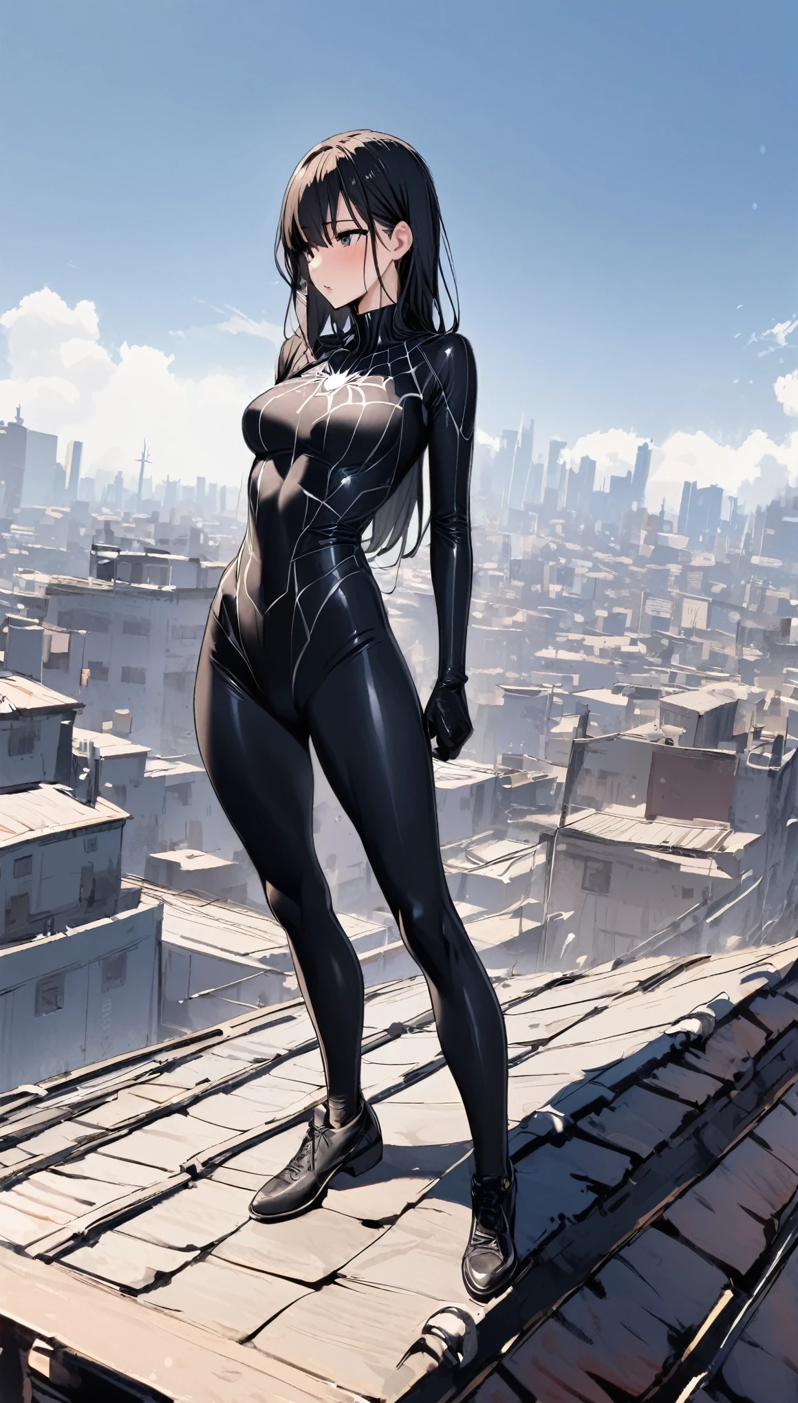 1 female has perfect body,wearing A loose black Spider Man Uniform,standing on the roof