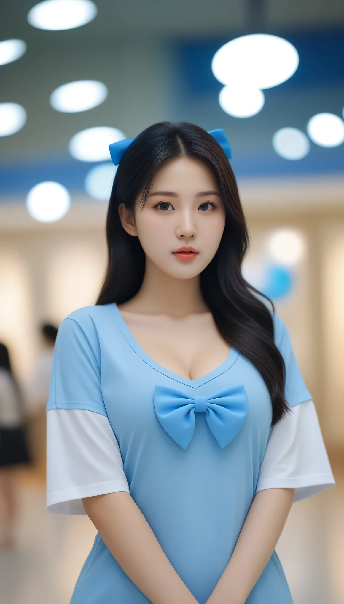 close-up of beautiful korean female, 34 inch breasts size, wearing big t-shirt, blue hair bow, in the museum, bokeh background, UHD