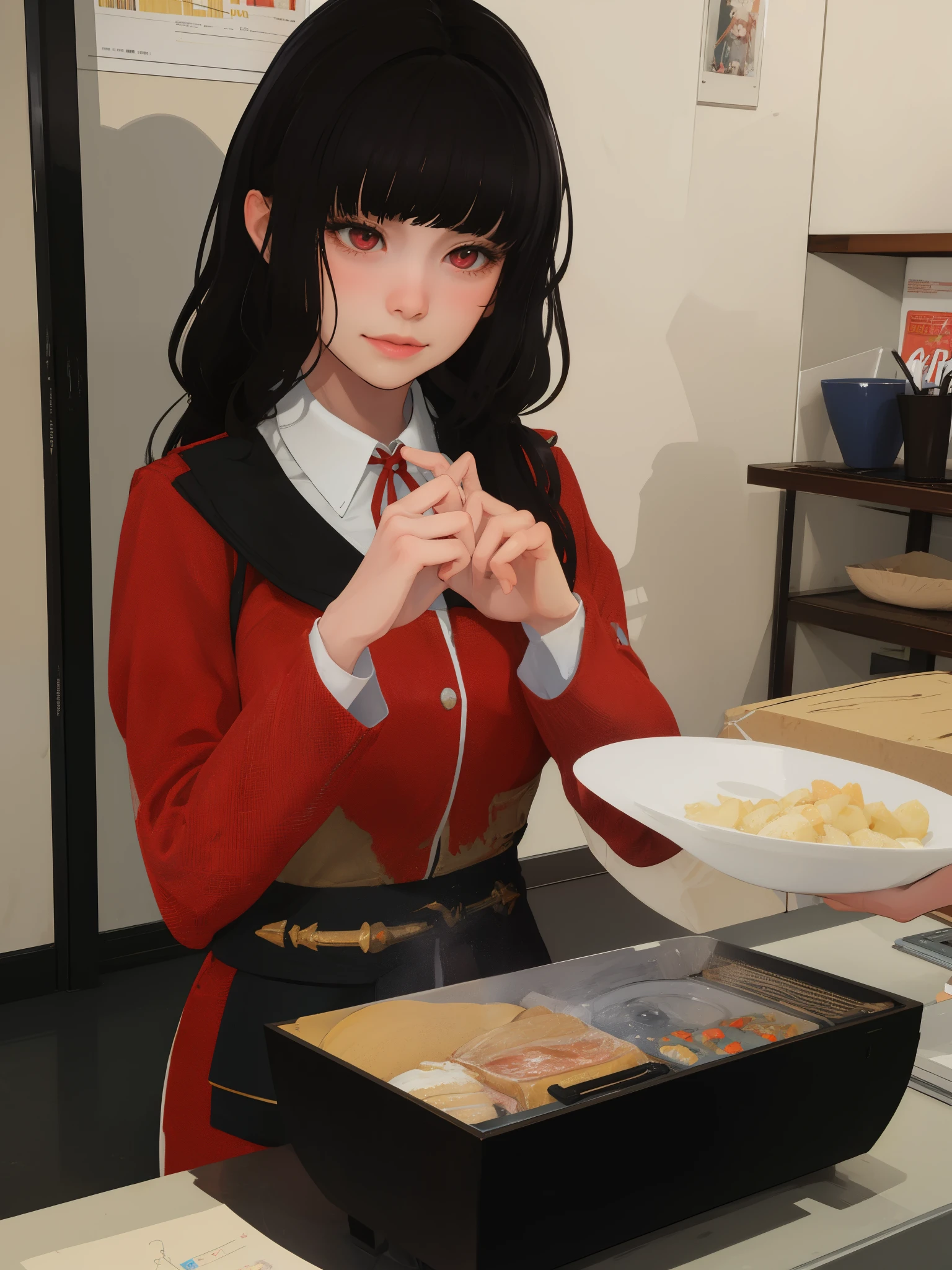 masterpiece, highly detailed, best quality, 1girl, solo, Luna, black hair, red eyes, long hair, blunt bangs, uniform, smile