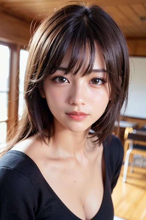 (masterpiece:1.3), (8k, Photorealistic, Raw photo, Best image quality: 1.4), Japanese 、(Random Hairstyles:1.2)、Cleavage:1.2、Super detailed face、Attention to detail、double eyelid、Close your chest、A face that looks just like Hirose Suzu、Sharp focus:1.2、Beautiful woman:1.4、Light brown hair、highest quality、masterpiece、超A high resolution、(Photorealistic:1.4)、Highly detailed and professionally lit smile、Sailor suit、The background is the classroom、whole body、Hair is tied up