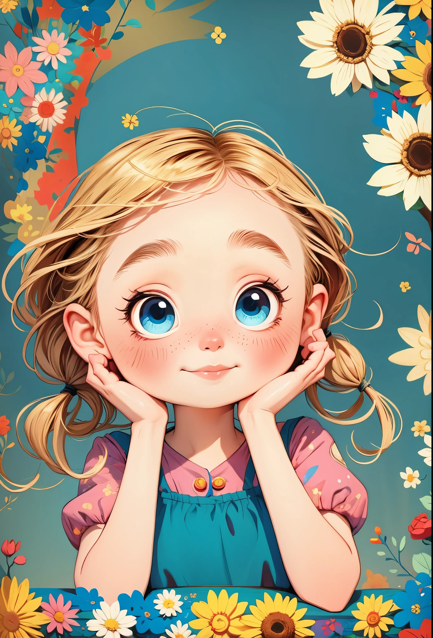(masterpiece, best quality:1.2), cartoonish character design。1 girl, alone，big eyes，Cute expression，hand，portrait，interesting，interesting，clean lines，Human anatomy is correct, blonde, smiling, blue eyes, pink flowers outfit dress, long eyelash, blush cheeks
