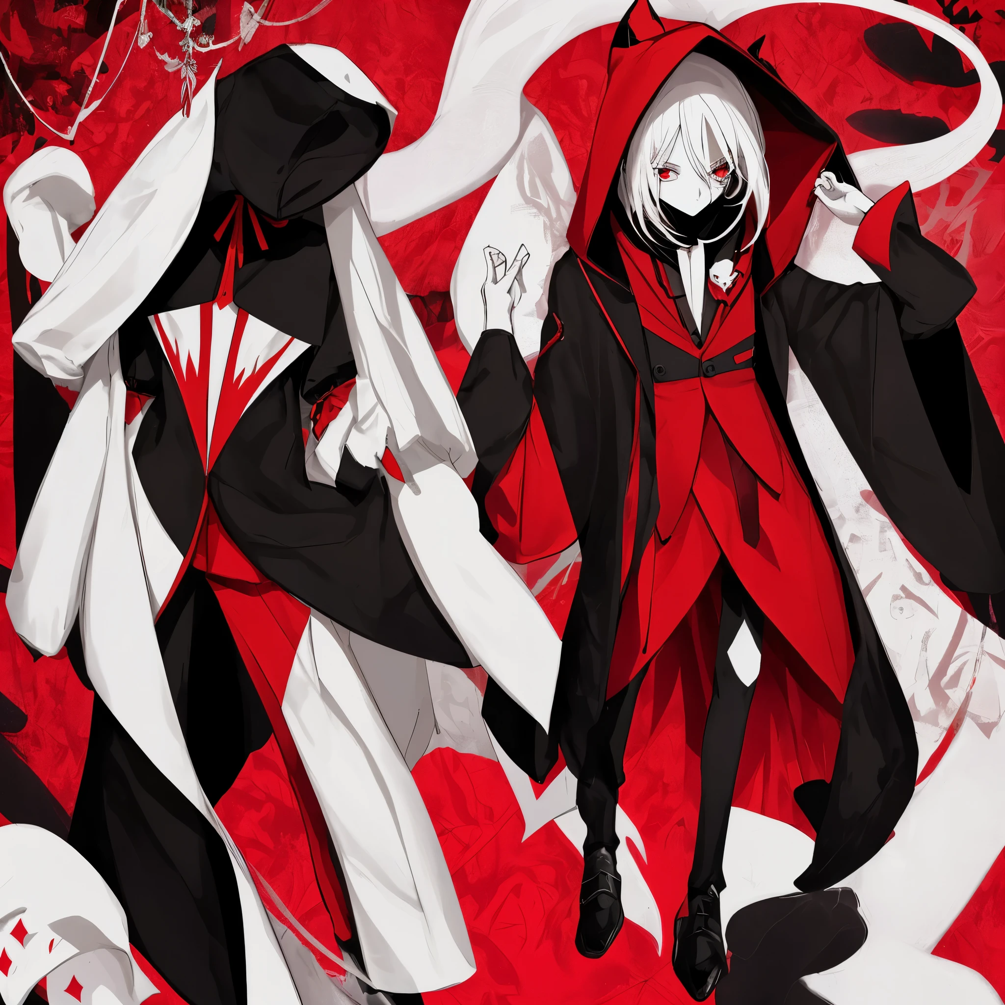 [The individual in question is a slender and youthful teenager, estimated to be approximately 15 years old. They are dressed in a striking crimson jacket adorned with swaying scarlet tassels, which prominently displays a spider emblem at its center. The person's head is concealed beneath the raised hood of the jacket, while the sleeves of the garment are sleek and black. Their face is hidden behind a red mask, featuring wide eye holes in a pristine white shade. The ensemble is completed by black shorts, with crimson accents on the lower sections, and black shoes with white soles reminiscent of a checkerboard pattern. Notably, the entire outfit worn by this individual emits a vibrant luminosity, resembling a typical Spiderman costume but with distinct and brighter colors. Additionally, the colors appear more bleached, and the outfit includes a hoodie component, while lacking the black face lines typically associated with such attire