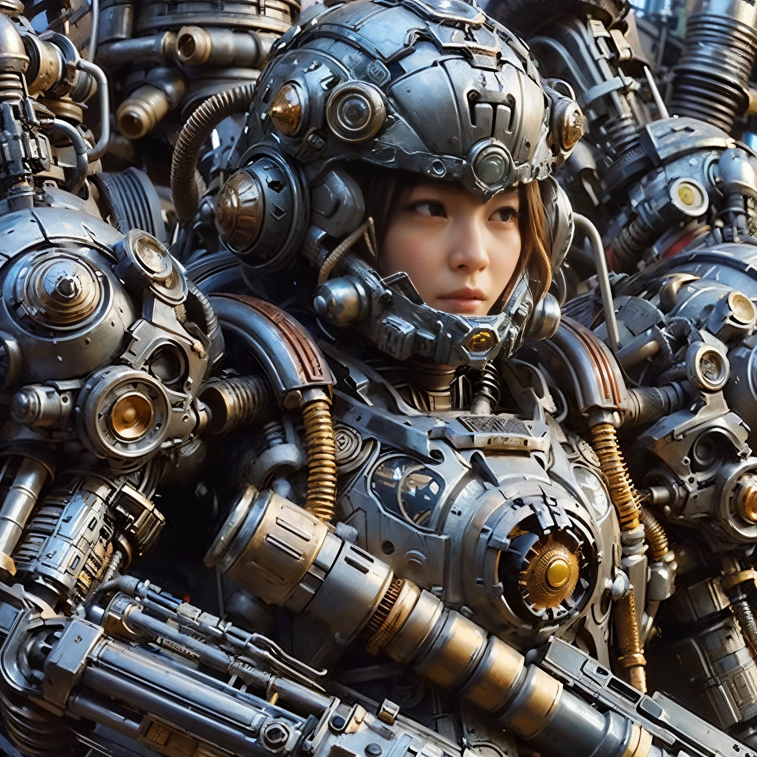 (mechanical armor with reference to a dung beetle), power pipes, hydraulic cylinders, ultimate intricate detail, Japanese female soldier in mechanical armor, very beautiful face, realistic, full body shot, sortie from secret base
