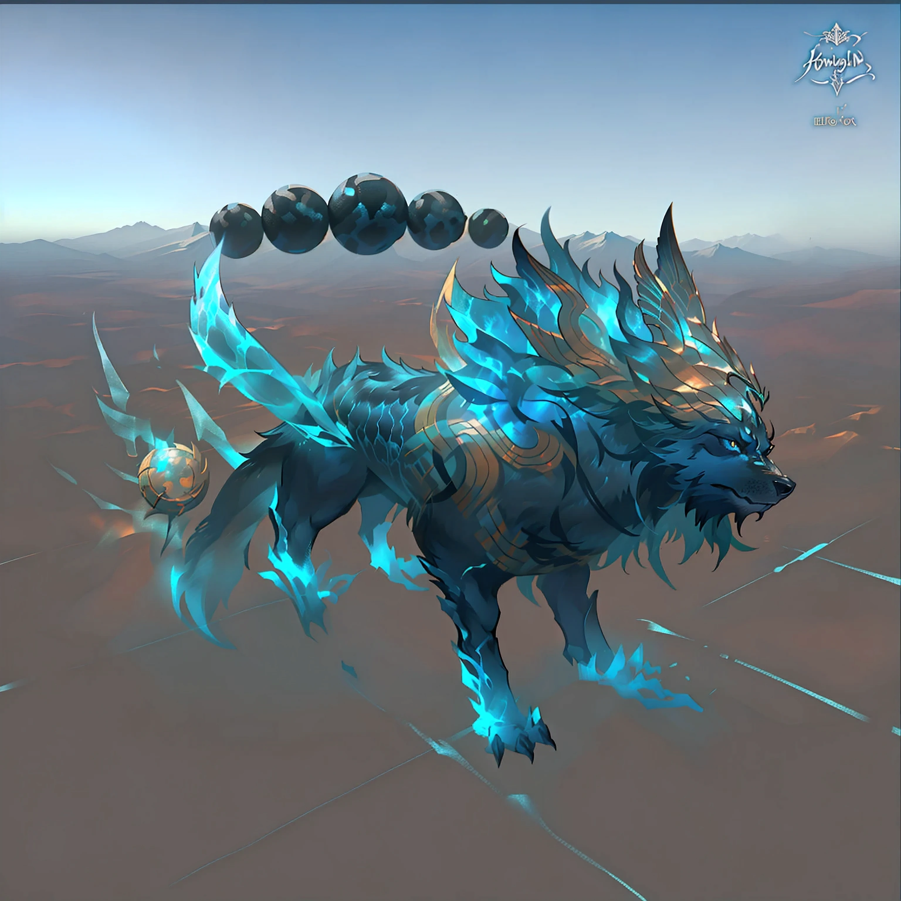 Illustration image of a blue and gold dragon, Aurelion Thor, Stylized as 2D rendering, contest winner, Stylized wolf appearance, Ice Wolf