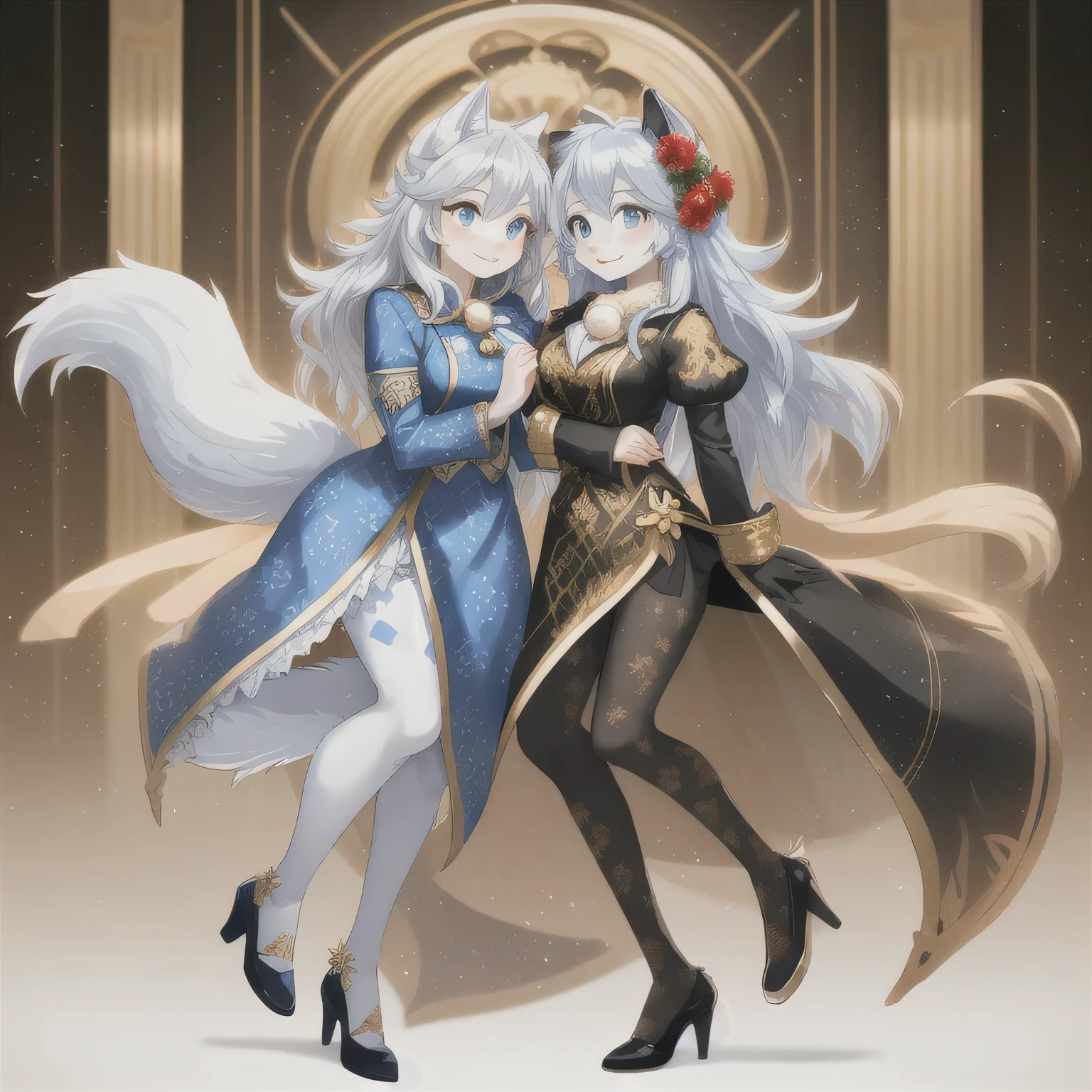 woman, hairy woman, wolf woman, full body portrait, full fur, white fur, full tail, big tail, white tail, white hair, long hair, bushy hair, hair, hair with a brooch (golden colored flower brooch ), almond-shaped eyes, blue eyes, shy smile, charming face, red cheek, mid-short dress, blue dress, patterned dress, gold embroidery, chic tights, patterned tights, black tights, gold embroidery, chic shoe, shoe with heels, scarpin shoe, background with decor.