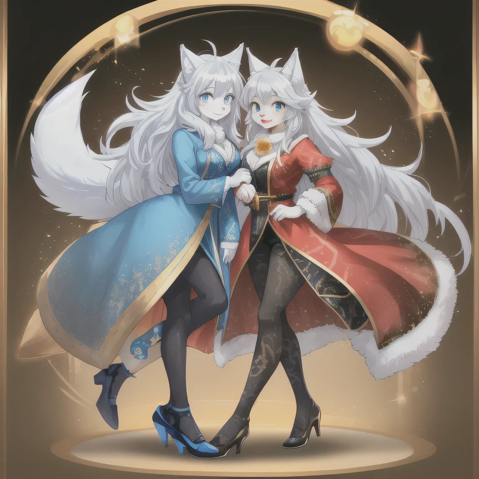 woman, hairy woman, wolf woman, full body portrait, full fur, white fur, full tail, big tail, white tail, white hair, long hair, bushy hair, hair, hair with a brooch (golden colored flower brooch ), almond-shaped eyes, blue eyes, shy smile, charming face, red cheek, mid-short dress, blue dress, patterned dress, gold embroidery, chic tights, patterned tights, black tights, gold embroidery, chic shoe, shoe with heels, scarpin shoe, background with decor.