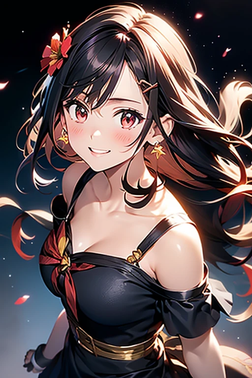 yor briar, anime style beutiful woman, 1girl, happy, smile, red face, closed mouth, beautiful detailed eyes, super detailed skin, backlighting, bare shoulders, black background, black dress, black gloves, black hair, breasts, dress, earrings, fingerless gloves, floating hair, floral print, flower, gloves, gold earrings, gold hairband, hair flower, hair ornament, hairband, holding, holding weapon, jewelry, large breasts, long hair, looking at viewer, off-shoulder dress, off shoulder,red eyes, short hair with long locks, sidelocks, solo, spikes, thighs, two-sided dress, two-sided fabric, weapon, fighting stance , face, close up, from above, highest quality, high resolution.