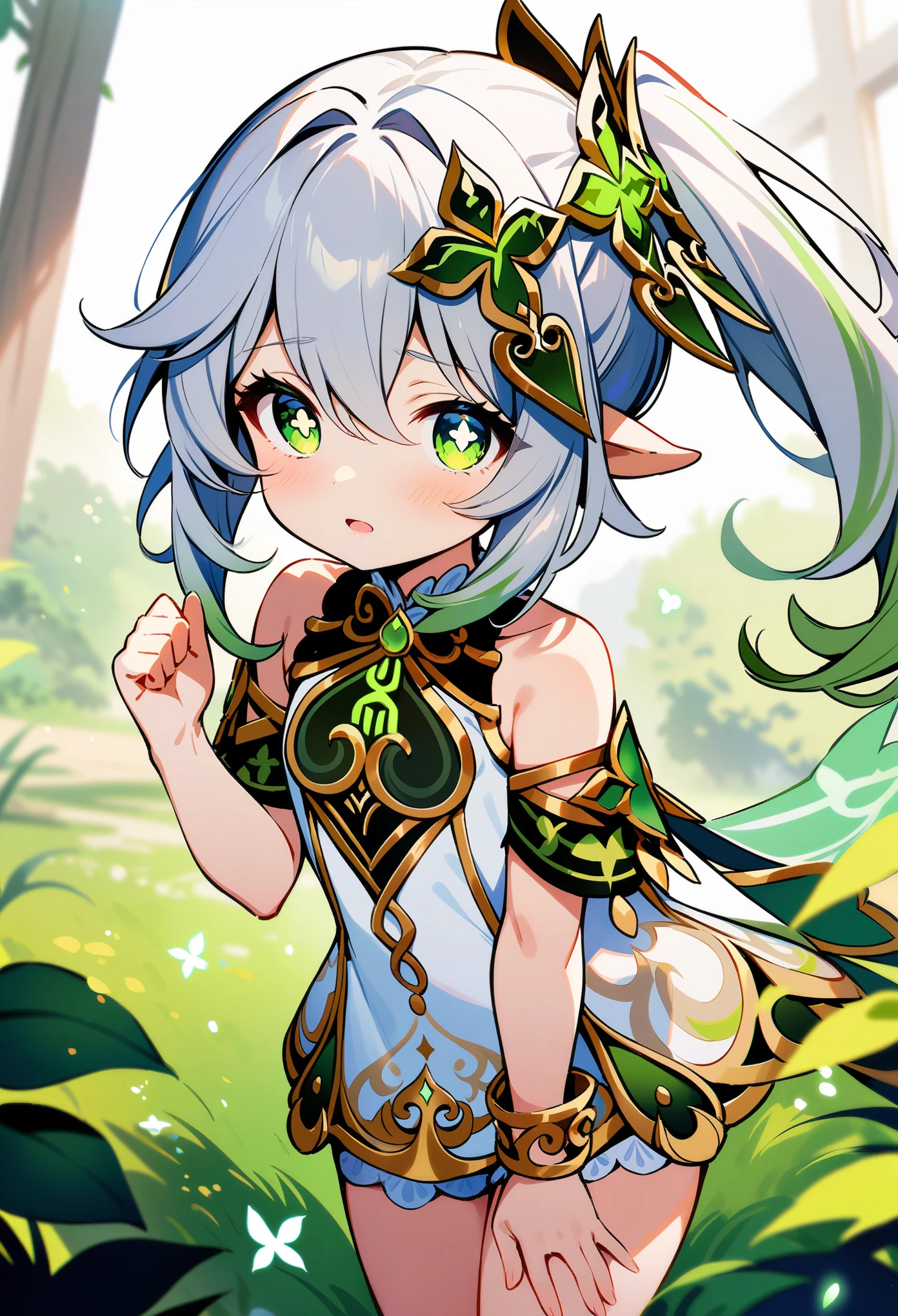 naked, sunbathing, on back, 8 years old, loli, outside, smiling, sunny, bright sunlight, grass, pointy ears, hair ornament, white hair, green hairstreak, side ponytail, masterpiece, best quality