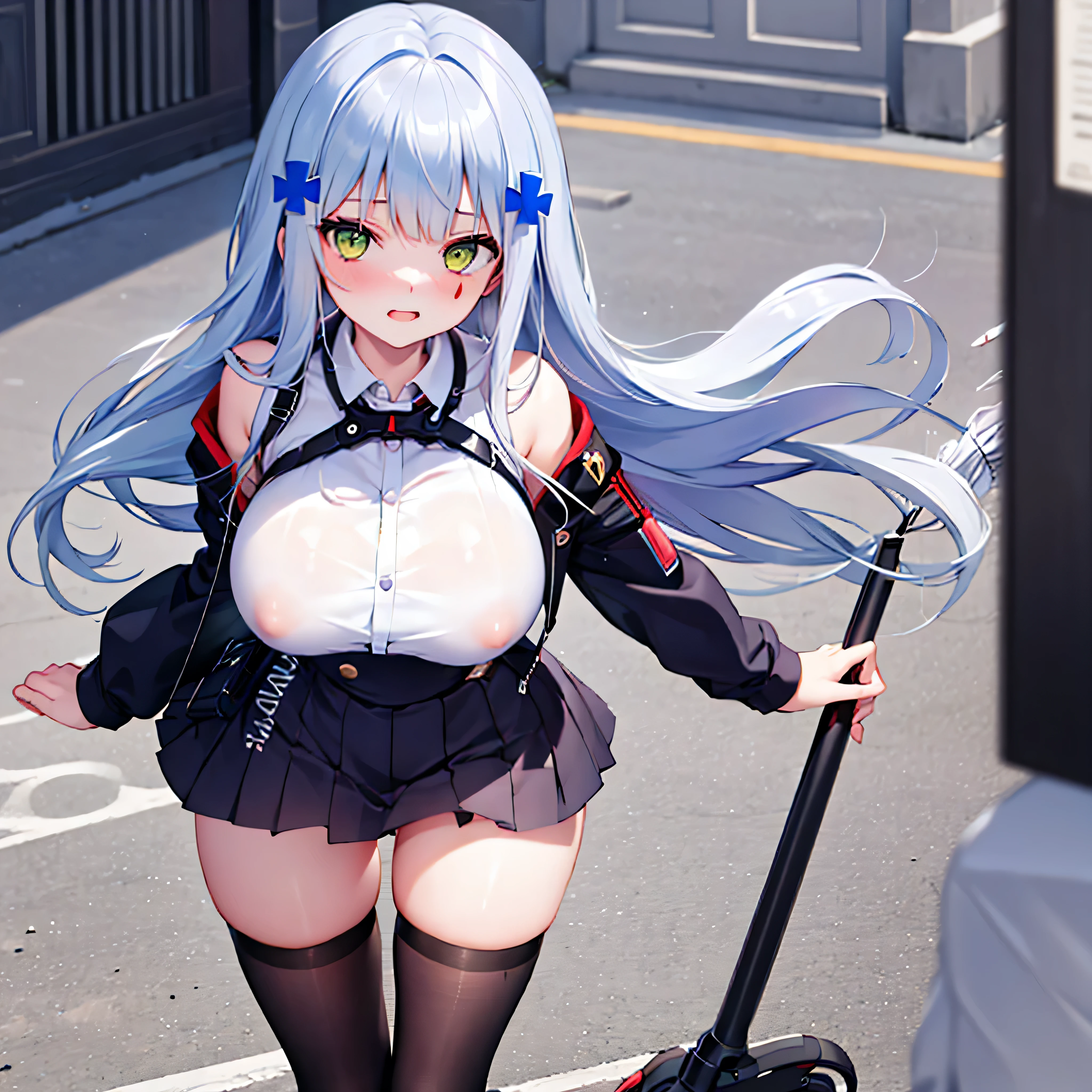 (solo), (416_GirlsFrontline), skinny girl, BREAK, (bursting huge breasts:1.2), narrow shoulders, narrow waist, skinny long legs, BREAK, (dark purple jacket), (very short high-waist skirt), thigh gap, (black thighhighs), BREAK, smile for viewer, embarrassed, nose blush, orgasm