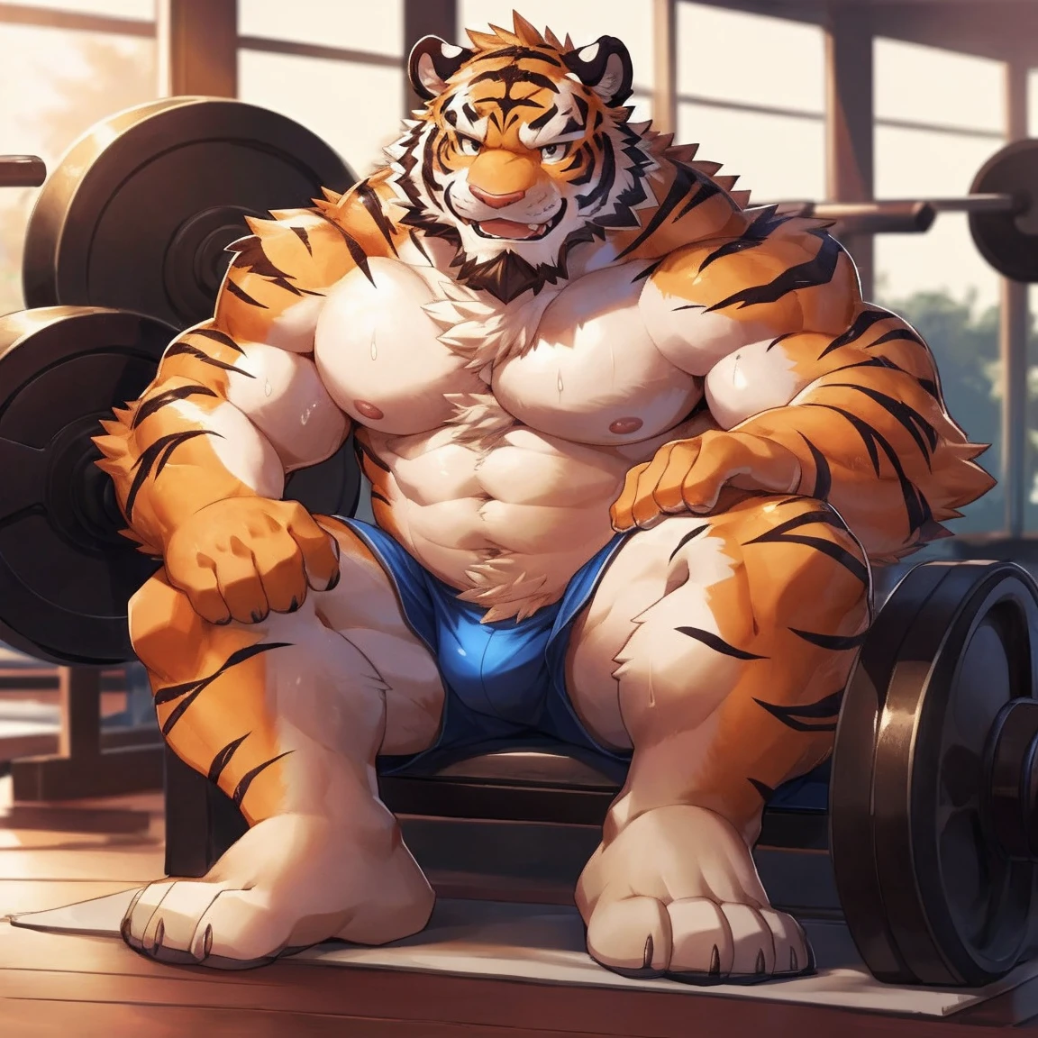 human nature, cannon, male, solitary, ((Round Face, Very plump face, thick beard)), ((endomorph body type, Handsome)), (Topless), ((domestic tiger, tiger) Fluffy fur, Fluffy), (At the gym),(Sweat),high quality,Bokeh, (high quality, high resolution, masterpiece), (Dynamic Lighting, Vibrant colors), (Generous smile),the feet facing the screen (close up),(Show your soles), cartoon, author:Takemoto Arashi, by zixiong, author:Chunni, author:Empty Ghost