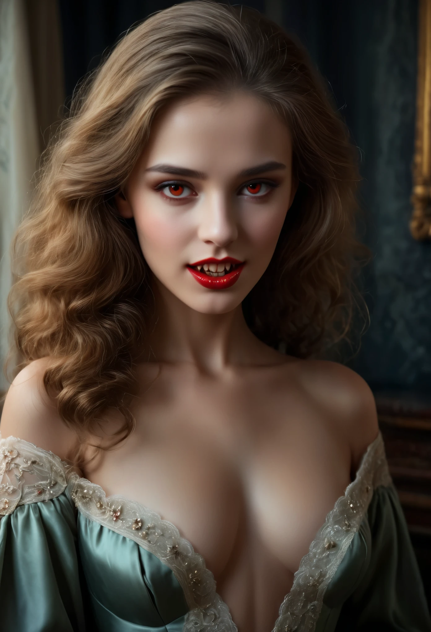 (High resolution,masterpiece:1.2),(Realistic:1.37)Portrait of an 18th century Russian vampire girl of unparalleled beauty. She has captivating red eyes and delicate rosy lips. Long fangs, The portrait is carefully drawn down to the smallest detail., Capture the subtle nuances of her features. She is wearing a beautiful silk gown, Adorned with intricate lace and delicate embroidery. This painting speaks of the luxury of the time., Luxurious velvet curtains and gold furniture in the background. The lighting is soft and diffused, Highlight the girl&#39;s graceful beauty. the colors are vivid and rich, Create compelling visual experiences. This portrait is painted in the classical portrait style., Reminiscent of the works of famous artists of the time. It exudes elegance, Grace, Sophistication. sharp long claws, (Crimson eyes:1.4), Flame-red eyes, (Sharp fangs visible through the gap between his lips:1.8), There is a bite mark on the neck.２There are two holes