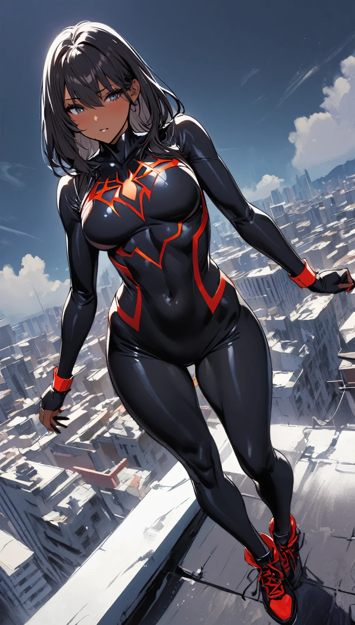 1 female has perfect body,dark skin,wearing A loose black Spider Man Uniform,standing on the roof