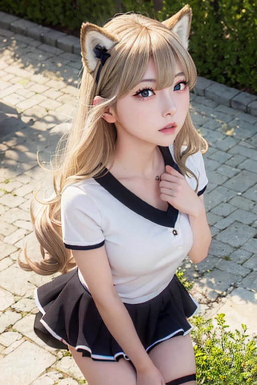 masterpiece, highest quality, wolf girl, elegant, One girl, Wolf Ears, Wolf's tail, cute, Blushed, View your viewers, From above, Blonde wavy hair, mini skirt, white and black striped t-shirt, blue eyes, Beautiful Eyes, Beautiful background, Particles of light, Light of the sun, Dramatic lighting, outside, Shiny, Realistic, masterpiece, highest quality, ultra-detailed, detailed, scenery, beautiful detailed eyes, detailed hair