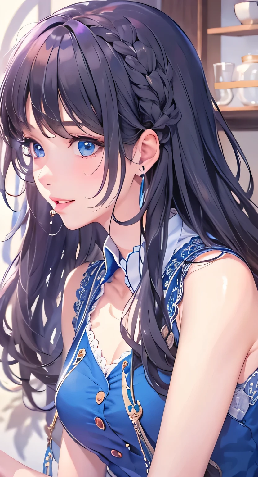 ((highest quality)), ((masterpiece)), (Get used to it), Perfect Face , masterpiece、highest quality、High resolution、High-quality images、8k, 1 female、Skin Radiance、Texture of skin and clothing、Expression of fine eyes、Shiny black hair,Girl with long braided hair, Manga inspired by Lee Jong-suk, Trending on deviantart, realism, detailed manga style, Manga art style, Perfect Line Drawing, Beautiful line art, digital manga art girl, K-POPアイドル, Beautiful Blue Eyes, Lips become thicker, Gorgeous face with attention to detail, (Cute Smile), charm, Innocent, Side view, (Perfectly detailed face), (Beautiful Hands) Photorealistic images, Written boundary depth, 20th Generation ,beautiful girl , Blue rose , Lace dress , Medium Chest , protruding shoulders , I can see her cleavage , Blue rose , There are many blue roses in the background ,