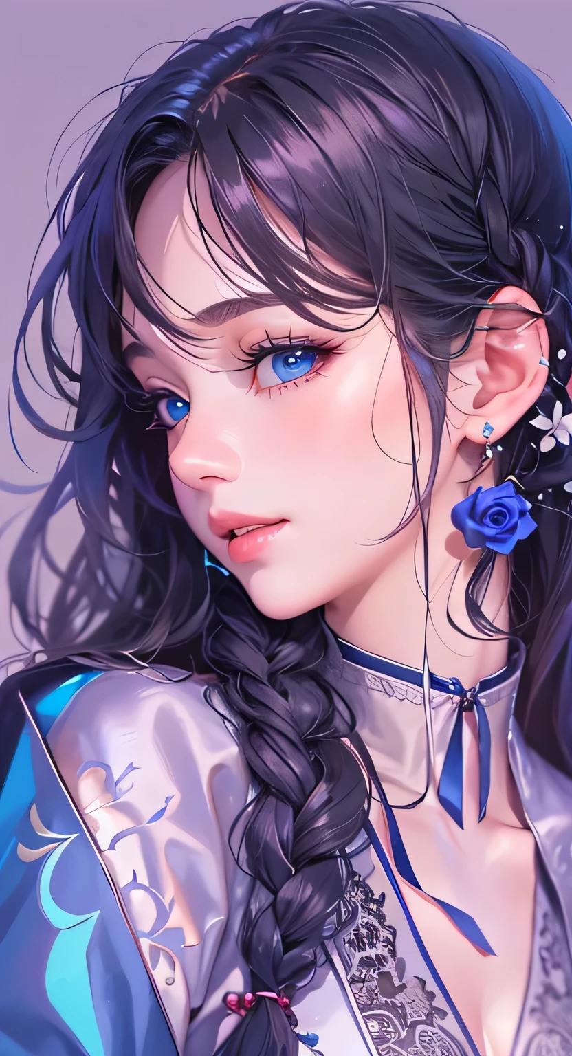 ((highest quality)), ((masterpiece)), (Get used to it), Perfect Face , masterpiece、highest quality、High resolution、High-quality images、8k, 1 female、Skin Radiance、Texture of skin and clothing、Expression of fine eyes、Shiny black hair,Girl with long braided hair, Manga inspired by Lee Jong-suk, Trending on deviantart, realism, detailed manga style, Manga art style, Perfect Line Drawing, Beautiful line art, digital manga art girl, K-POPアイドル, Beautiful Blue Eyes, Lips become thicker, Gorgeous face with attention to detail, (Cute Smile), charm, Innocent, Side view, (Perfectly detailed face), (Beautiful Hands) Photorealistic images, Written boundary depth, 20th Generation ,beautiful girl , Blue rose , Lace dress , Medium Chest , protruding shoulders , I can see her cleavage , Blue rose , There are many blue roses in the background ,