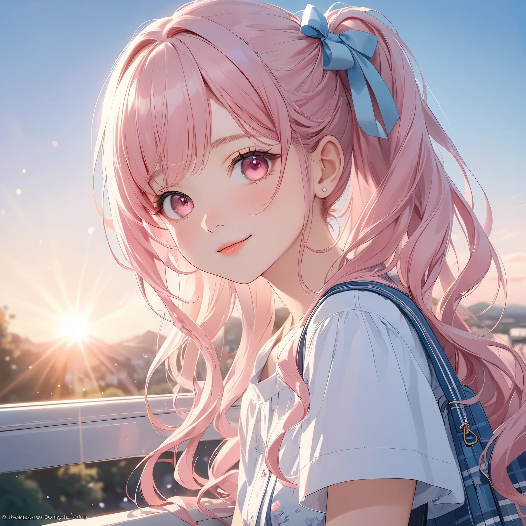 (8K, masutepiece, Highest Quality, Best Quality, Official art, Breathtaking beauty and aesthetics, A highly detailed, The best masterpiece in history that exceeds limits, Breathtaking and beautiful lighting:1.2), (1 Absolute Beautiful Girl, Solo:1.3), , (shiny white skin), (pink twin tail hair, Bangs:1.3), (adolable pink eyes, drooing eyes:1.3), (pastel blue Theme, , white short-sleeved short length outing shirt, pastel blue Tartan Plaid pleated skirt, super precision embroidery, patsel blue ribbon:1.3), (happy smile, Beautiful smile, Gentle smile, cute smile, innocent smile like an angel:1.2), (Attractive, amazing, Beautiful, Elegant, Luxurious, magnifica, Happy, Eye-catching, the ultimate beauty, Supreme Beauty, Superlative beauty, Elegant, Graceful, Everyone loves it, Beauty that fascinates everyone, Healed, The highest level of complete beauty, cute like an idol, Stylish like a fashion model, Goddess-like grace, Be loved, cute little, adolable), Look at the camera, cute little pose, breathtaking scenery, (high school, blue-sky, morning, good morning, Commuting to school:1.3),