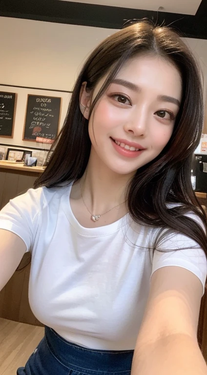 ((highest quality、8k、masterpiece:1.3))、Shot in a café、Gal、Beautiful feet、Blue T-shirt、White mini skirt、One Girl、Beautiful Japanese Women:1.3、(Long Hair、 outside:1.2)、 White T-shirt:1.2、Beautiful woman with perfect style:1.4、Perfect Eyes、Calm Eyes、Natural smile、Perfect Iris、Perfect Lips、Perfect Skin、Do not polish、Super detailed face、Delicate eyes、double eyelid、Soft Breasts、Laughter、