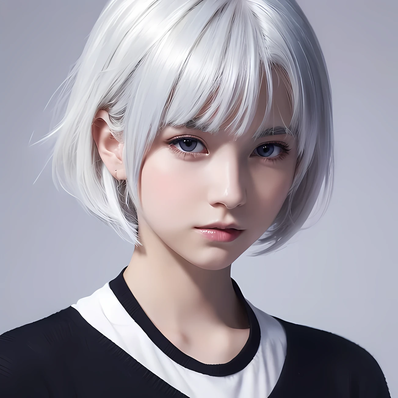 A 2D girl with white hair, a cool look, a low-pitched voice, and short bob hair.