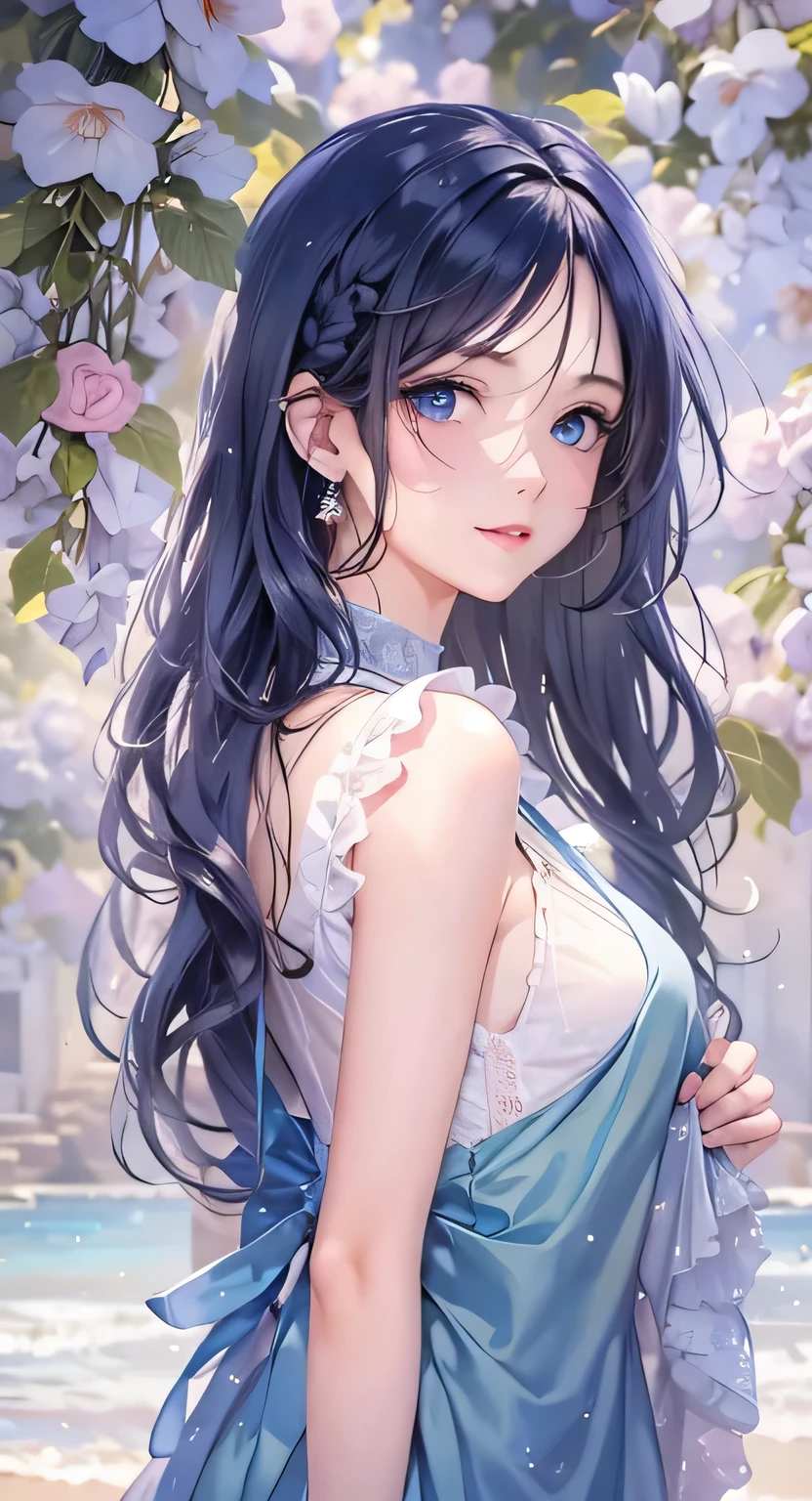 ((highest quality)), ((masterpiece)), (Get used to it), Perfect Face , masterpiece、highest quality、High resolution、High-quality images、8k, 1 female、Skin Radiance、Texture of skin and clothing、Expression of fine eyes、Shiny dark blue hair,Girl with long braided hair, Manga inspired by Lee Jong-suk, Trending on deviantart, realism, detailed manga style, Manga art style, Perfect Line Drawing, Beautiful line art, digital manga art girl, K-POPアイドル, Beautiful Blue Eyes, Lips become thicker, Gorgeous face with attention to detail, (Cute Smile), charm, Innocent, Side view, (Perfectly detailed face), (Beautiful Hands) Photorealistic images, Written boundary depth, 20th Generation ,beautiful girl , Green Rose , Lace dress , Medium Chest , protruding shoulders , I can see her cleavage , Green Rose , There are many green roses in the background ,