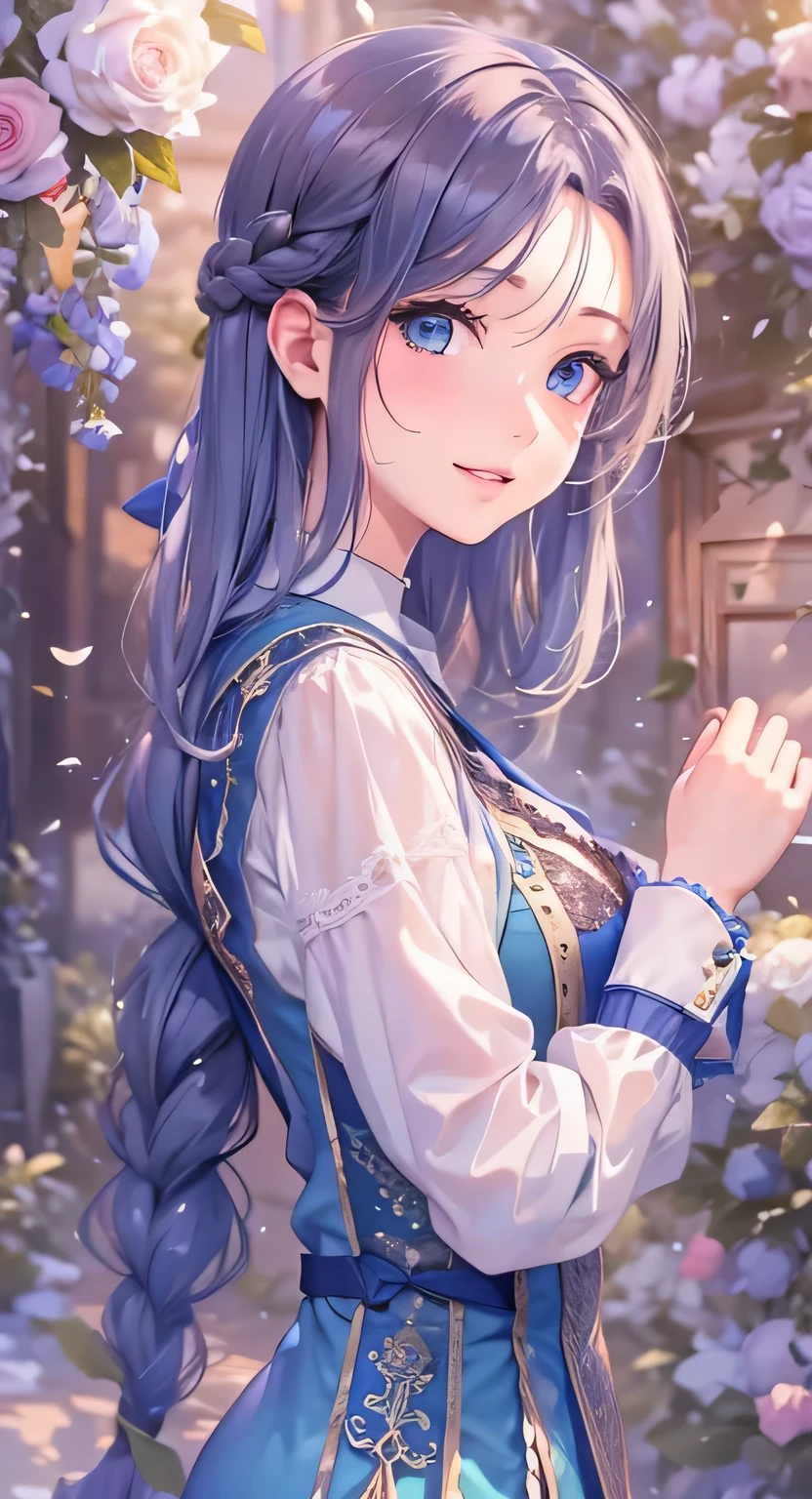 ((highest quality)), ((masterpiece)), (Get used to it), Perfect Face , masterpiece、highest quality、High resolution、High-quality images、8k, 1 female、Skin Radiance、Texture of skin and clothing、Expression of fine eyes、Shiny dark blue hair,Girl with long braided hair, Manga inspired by Lee Jong-suk, Trending on deviantart, realism, detailed manga style, Manga art style, Perfect Line Drawing, Beautiful line art, digital manga art girl, K-POPアイドル, Beautiful Blue Eyes, Lips become thicker, Gorgeous face with attention to detail, (Cute Smile), charm, Innocent, Side view, (Perfectly detailed face), (Beautiful Hands) Photorealistic images, Written boundary depth, 20th Generation ,beautiful girl , Green Rose , Lace dress , Medium Chest , protruding shoulders , I can see her cleavage , Green Rose , There are many green roses in the background ,