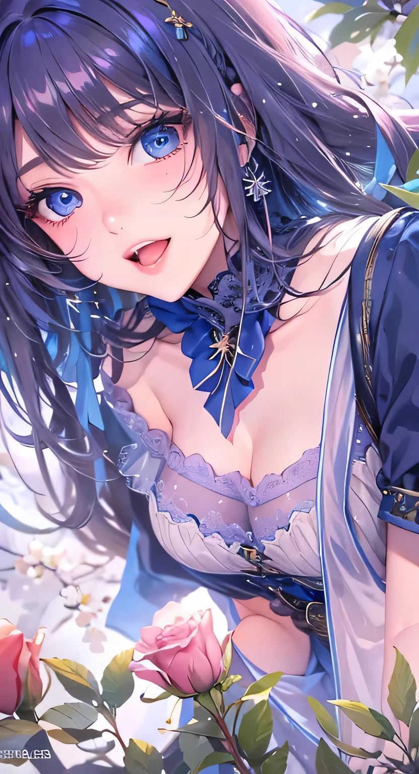 Highest quality、Highest quality、masterpiece、(8k resolution),beauty(Age 25)、(Mature Appearance)、Long Hair(Braiding of sides)、blue eyes、(Intricately embroidered underwear、bra)、Big cleavage、((Super big breasts))、Excited expression、blue necklace、Blue Earrings、background(flower)、Please open your mouth wide、Dynamic pose、Blue choker、