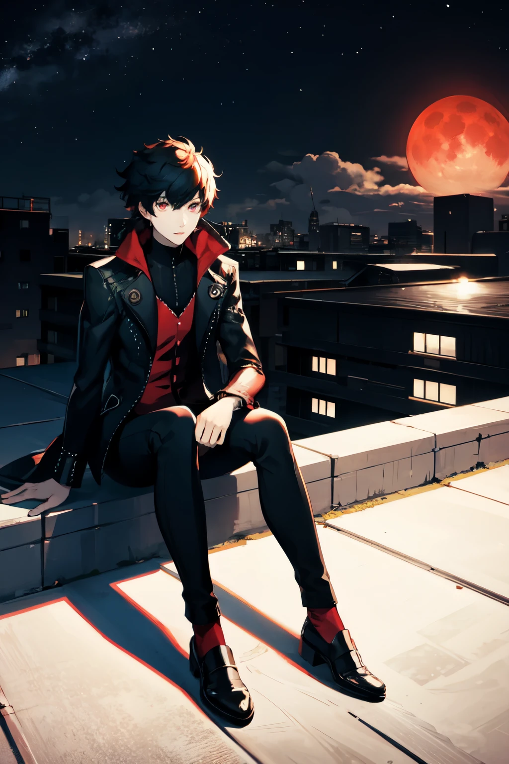 persona 5 Joker male The background is the night sky and the red moon Gray Hair Red eyes Sitting alone on the edge of the roof of an abandoned building
