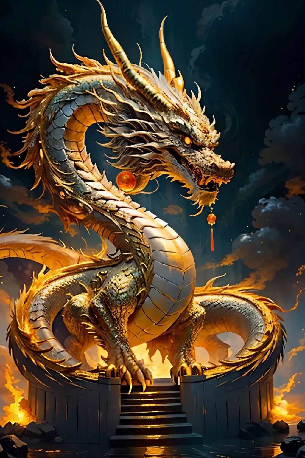 An oriental-style dragon emerges in grandeur, embodying the rich traditions and artistry of Chinese culture. Amidst a tempestuous sky, a silver dragon with golden eyes confronts the viewer, its imposing head taking center stage. The dragon's intricately patterned scales shimmer and glint in the fickle lightning, while its piercing golden eyes gleam with wisdom and power. Thunder rumbles ominously as the dragon breathes out plumes of serene, swirling fire, adding to the dynamic and awe-inspiring scene.