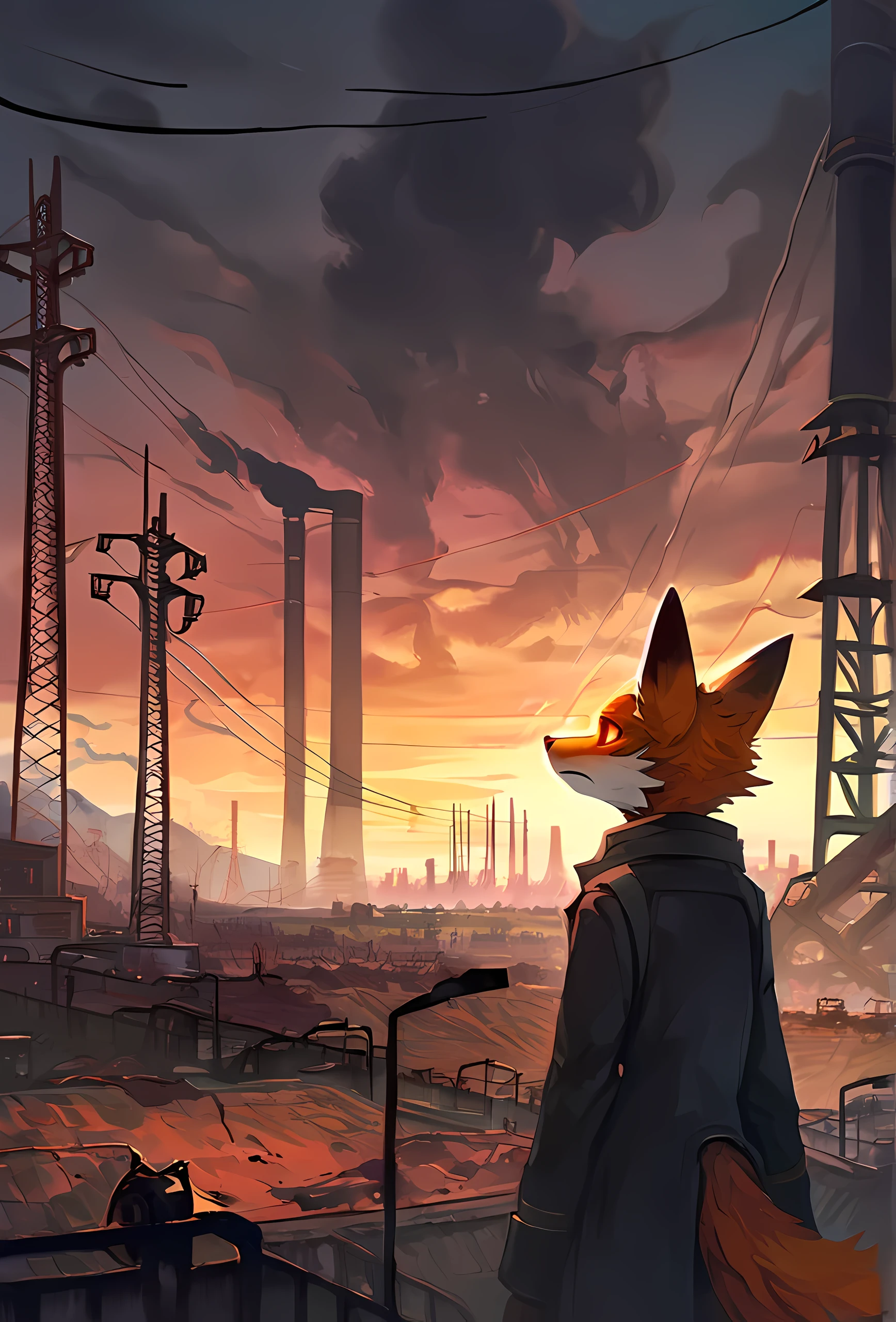 (masterpiece, beautiful), cinematic, highly detailed, 8k uhd, intricate details, best quality, correct anatomy, HD, soft lighting, digital painting, featured on pixiv, a close view of a sleepy bored brown furry fox in greatcoat, epic composition, big red cartoonish eyes, expressive face, slim body, he is gazing at the silhouette of the scary factory and steam in the wasteland that are far away from him, a transmission towers line in far away is complementing the view, oil, pollution, science fiction, snout, (cloudy sky), sunset, steampunk