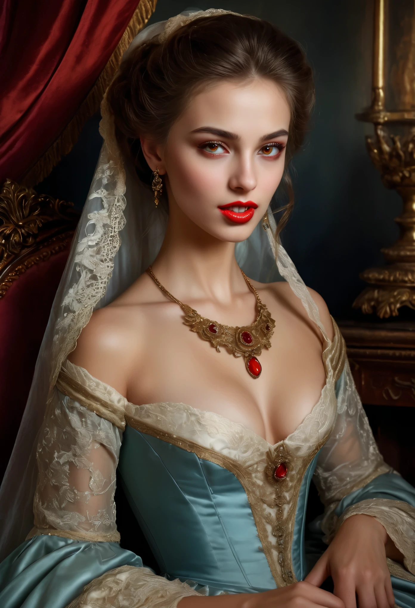 (High resolution,masterpiece:1.2),(Realistic:1.37)Portrait of an 18th century Russian vampire girl of unparalleled beauty. She has captivating red eyes and delicate rosy lips. Long fangs, The portrait is carefully drawn down to the smallest detail., Capture the subtle nuances of her features. She is wearing a beautiful silk gown, Adorned with intricate lace and delicate embroidery. This painting speaks of the luxury of the time., Luxurious velvet curtains and gold furniture in the background. The lighting is soft and diffused, Highlight the girl&#39;s graceful beauty. the colors are vivid and rich, Create compelling visual experiences. This portrait is painted in the classical portrait style., Reminiscent of the works of famous artists of the time. It exudes elegance, Grace, Sophistication. sharp long claws, (Crimson eyes:1.4), Flame-red eyes, (Sharp fangs visible through the gap between his lips:1.8), There is a bite mark on the neck.２There are two holes