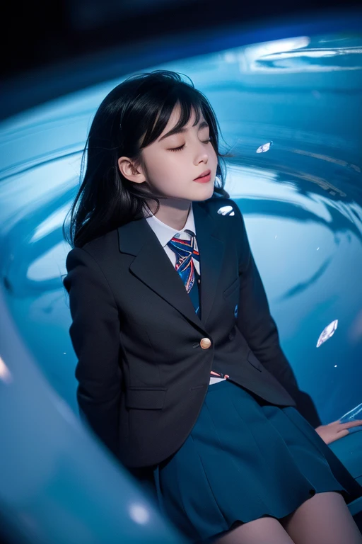 (highest quality, masterpiece),(One girl, Blazer uniform,mini skirt,expression, Brown eyes, View your viewers, Black Hair, Mouth closed,), (Reduce Blue Light, Blue glass shards swirling behind, Floating objects, Night Sky)