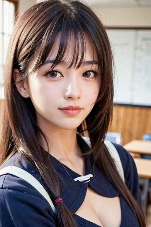 (masterpiece:1.3), (8k, Photorealistic, Raw photo, Best image quality: 1.4), Japanese 、(Random Hairstyles:1.2)、Cleavage:1.2、Super detailed face、Attention to detail、double eyelid、Close your chest、A face that looks just like Hirose Suzu、Sharp focus:1.2、Beautiful woman:1.4、Light brown hair、highest quality、masterpiece、超A high resolution、(Photorealistic:1.4)、Highly detailed and professionally lit smile、Cute Sailor Uniform、The background is the classroom、whole body、Hair is tied up