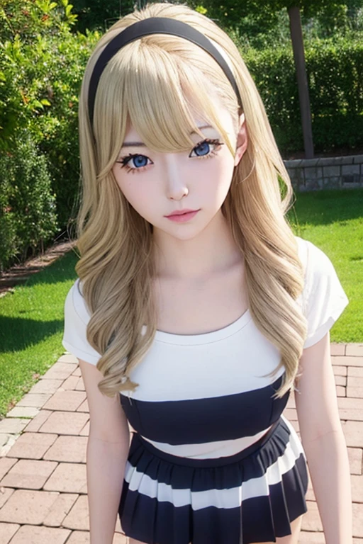 masterpiece, highest quality, wolf girl, elegant, One girl, Wolf Ears, Wolf's tail, cute, Blushed, View your viewers, From above, Blonde wavy hair, mini skirt, white and black striped t-shirt, blue eyes, Beautiful Eyes, Beautiful background, Particles of light, Light of the sun, Dramatic lighting, outside, Shiny, Realistic, masterpiece, highest quality, ultra-detailed, detailed, scenery, beautiful detailed eyes, detailed hair