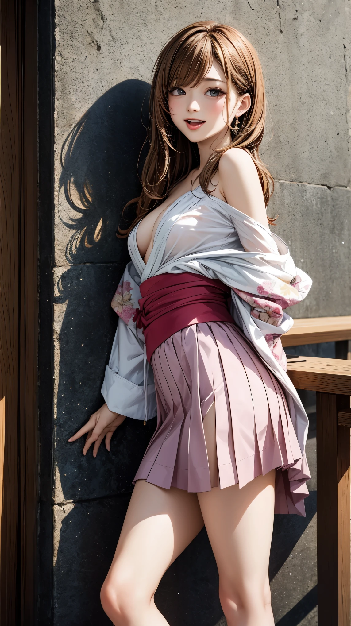 highest quality、4K quality、lean against the wall、Beautiful cleavage、Beautiful Style、tall、Small breasts、Bare buttocks、Small Ass、Shy face、20 year old princess、Bare shouldery skirt is blown up by the wind、ultra detail eye,Shooting from behind、Hakata kimono、Grab the hem of your skirt、nude legs、stick out your tongue and wink