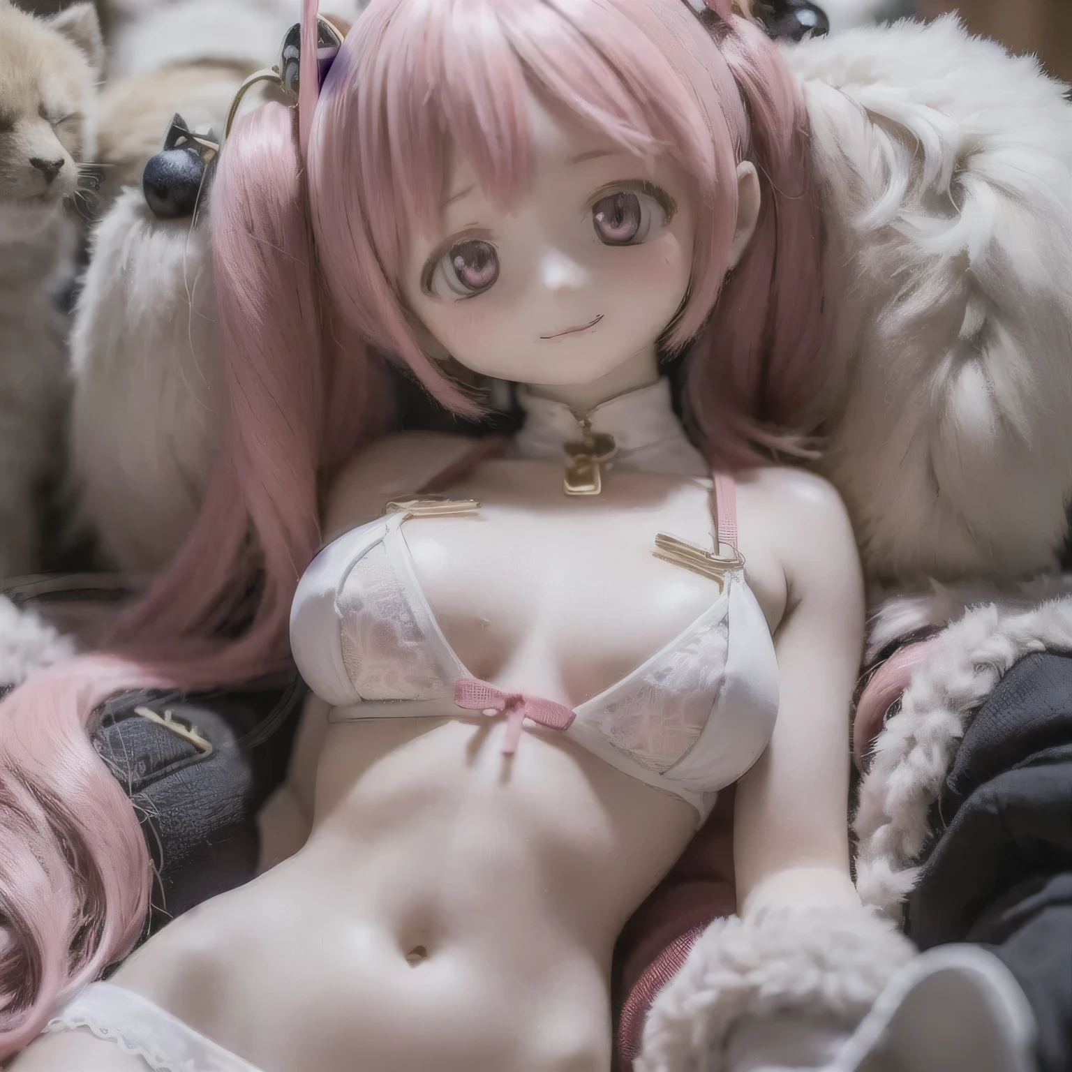 (best quality, masterpiece:1.2), expressive eyes, flawless face, Madoka's hairstyle, closed lips, subtle smile, chest, intense, pink hair, magical girl, determined expression, pink successor, smile, sexy lingerie, sleeping in bed, -yeld nies, thickening of the lips