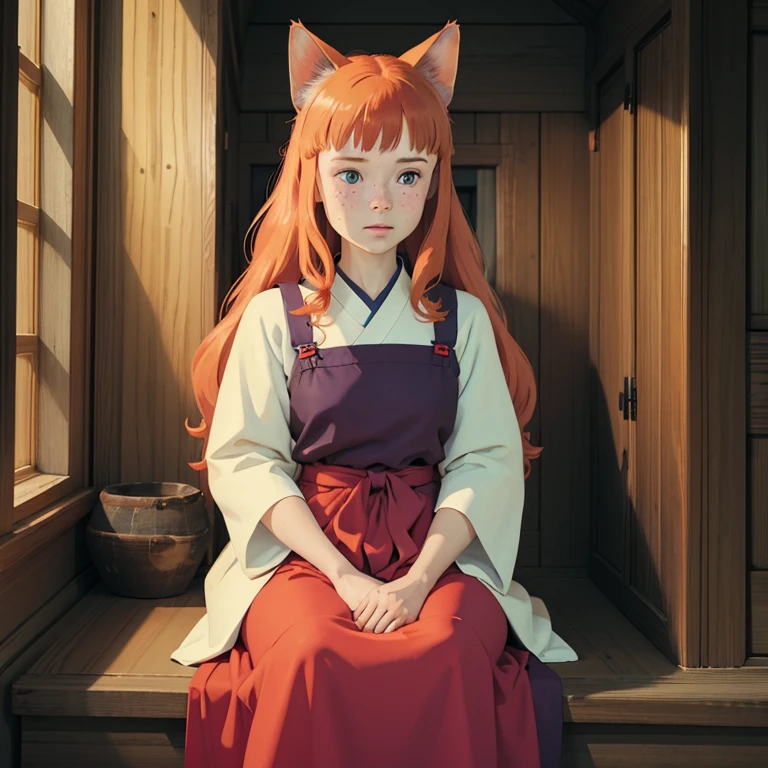 (best quality,4k,8k,highres,masterpiece:1.2), ultra-detailed, realistic:1.37, young solo girl, detailed blue eyes, cat ears, cat tail, freckles, cute, orange hair, long wavy hair, portrait, vibrant colors, soft lighting, Country, wearing a dress, traditional Japanese home