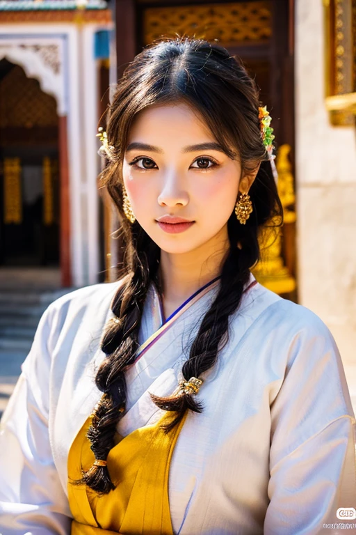 "A beautiful girl, dressed in traditional Thai clothing and a brown coat, standing in front of Wat Arun, a Buddhist temple in Thailand. The girl has detailed, captivating eyes and lips, with long eyelashes. The scene is illuminated by sunlight, creating a glossy and bright atmosphere. The image is of the best quality, with a resolution of 4k, ultra HD. It is a masterpiece, with ultra-realistic details that make it look like a photograph. The painting style used is oil painting, which gives the image a vibrant and colorful appearance. The overall tone of the image is rich and warm, with a focus on capturing the unique beauty of the girl and the temple. The details of the scene, such as the intricate architecture of the temple and the serene reflection in the lough, are portrayed with extreme detail and professionalism. The image evokes a sense of tranquility and cultural richness, making it a true work of art."
