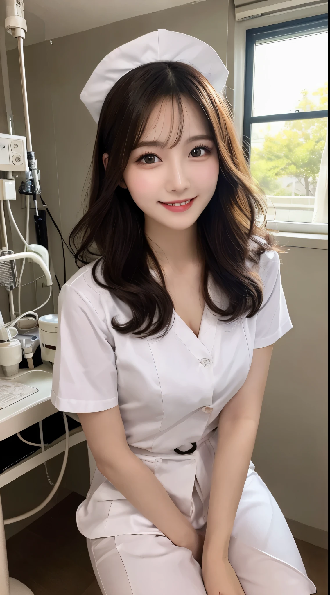 highest quality、Super detailed、Fine、High resolution、8k wallpaper、Perfect dynamic composition、Detailed beautiful eyes、nurse uniform、Chest exposed、Sexy legs、Wavy Hair、Huge、Natural color lips、Bold sexy pose、SMILE、hospital、 20 year old girl、cute、Sexy photos looking at the camera、sexy women