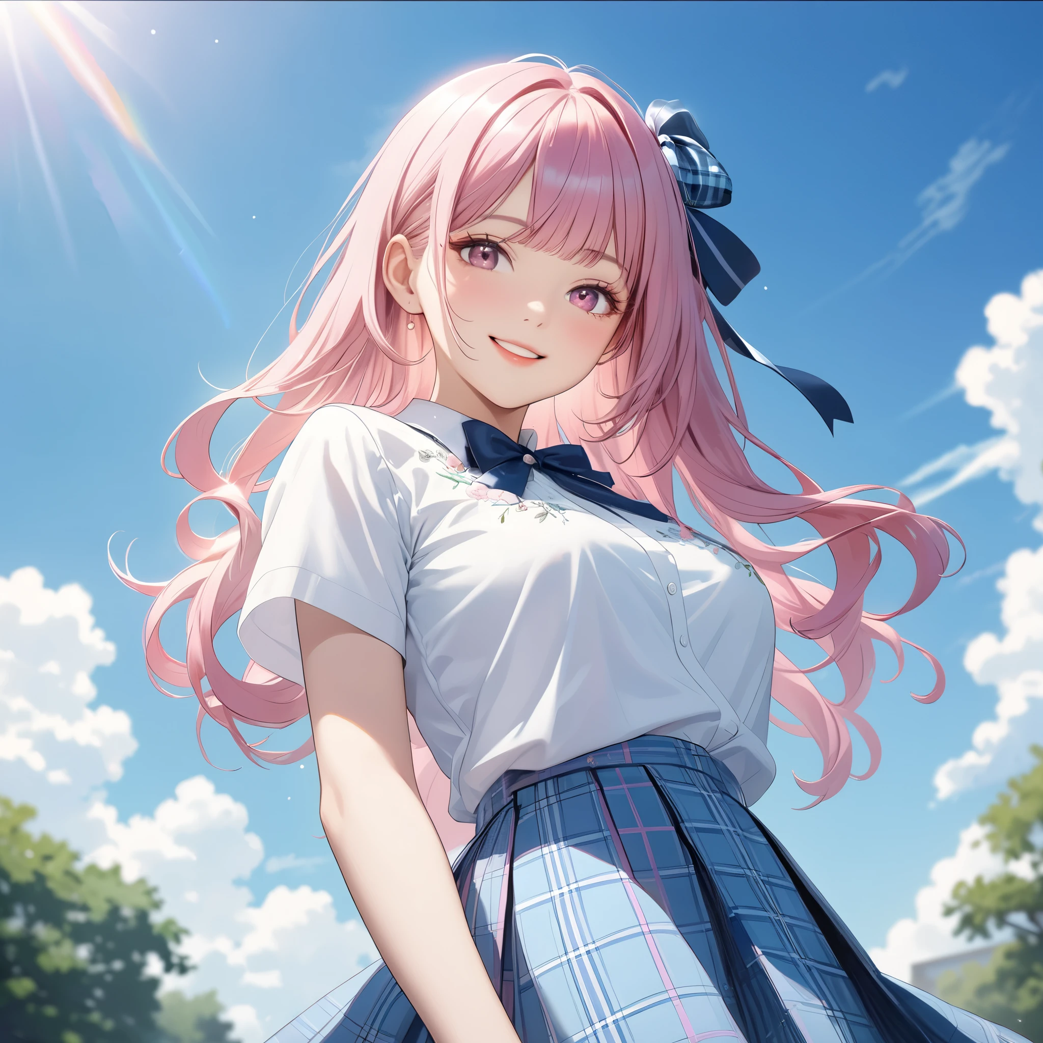 (8K, masutepiece, Highest Quality, Best Quality, Official art, Breathtaking beauty and aesthetics, A highly detailed, The best masterpiece in history that exceeds limits, Breathtaking and beautiful lighting:1.2), (1 Absolute Beautiful Girl, Solo:1.3), sixteen years old, (shiny white skin), (Beautiful pink twin tail hair, Bangs:1.3), (Beautiful adolable drooing pink eyes:1.3), (high school uniform), (pastel blue Theme, white short-sleeved short length outing shirt, pastel blue Tartan Plaid pleated skirt, super precision embroidery, patsel blue ribbon:1.3), (Beautiful big bust:1.3), (happy smile, Beautiful smile, Gentle smile, cute smile, innocent smile:1.2), (Attractive, amazing, Beautiful, Elegant, Luxurious, magnifica, Happy, Eye-catching, the ultimate beauty, Supreme Beauty, Superlative beauty, Elegant, Graceful, Everyone loves it, Beauty that fascinates everyone, Healed, The highest level of complete beauty, cute like an idol, Stylish like a fashion model, Goddess-like grace, Be loved, cute little, adolable), Look at the camera, cute little pose, breathtaking scenery, (ultra detailed realistic Breathtakingly beautiful high school, blue sky, morning:1.3),
