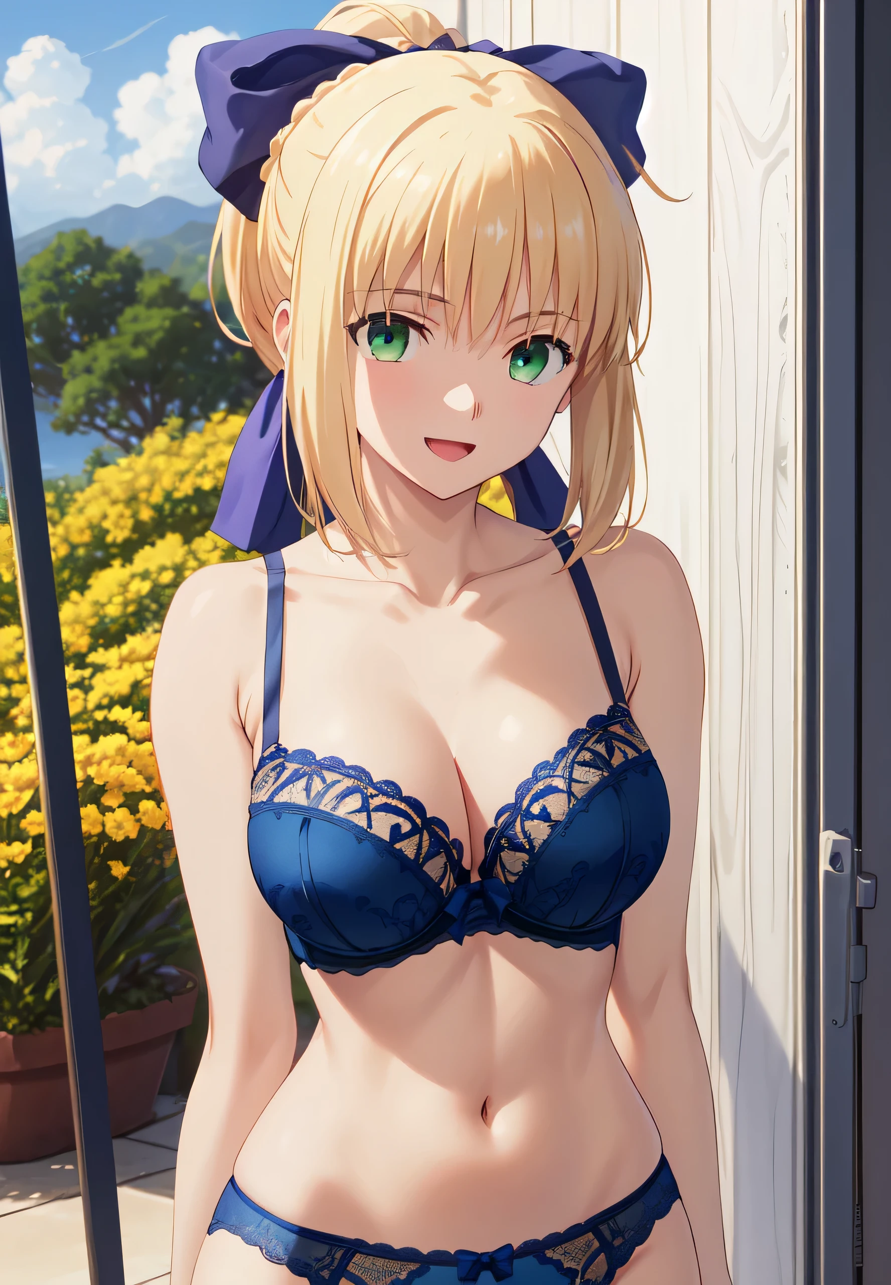 masterpiece、highest quality、High resolution、ph saver、ph Artoria、Anime Women、solo、Blonde、Green Eyes、braided ponytail、bangs、blue bow in hair、smile、Blue bra、Blue Panties、Big Breasts、cleavage、A woman with very large breasts、collarbone、Hair Bun、Open your mouth、bra with an blue、panty with an blue、Upper Body、blue bra with a yellow lace trim and blue panty with a yellow bow、Cowboy Shot、looking at viewer、Are standing、Day、short hair、Outdoor、Day light、bra and panty only、