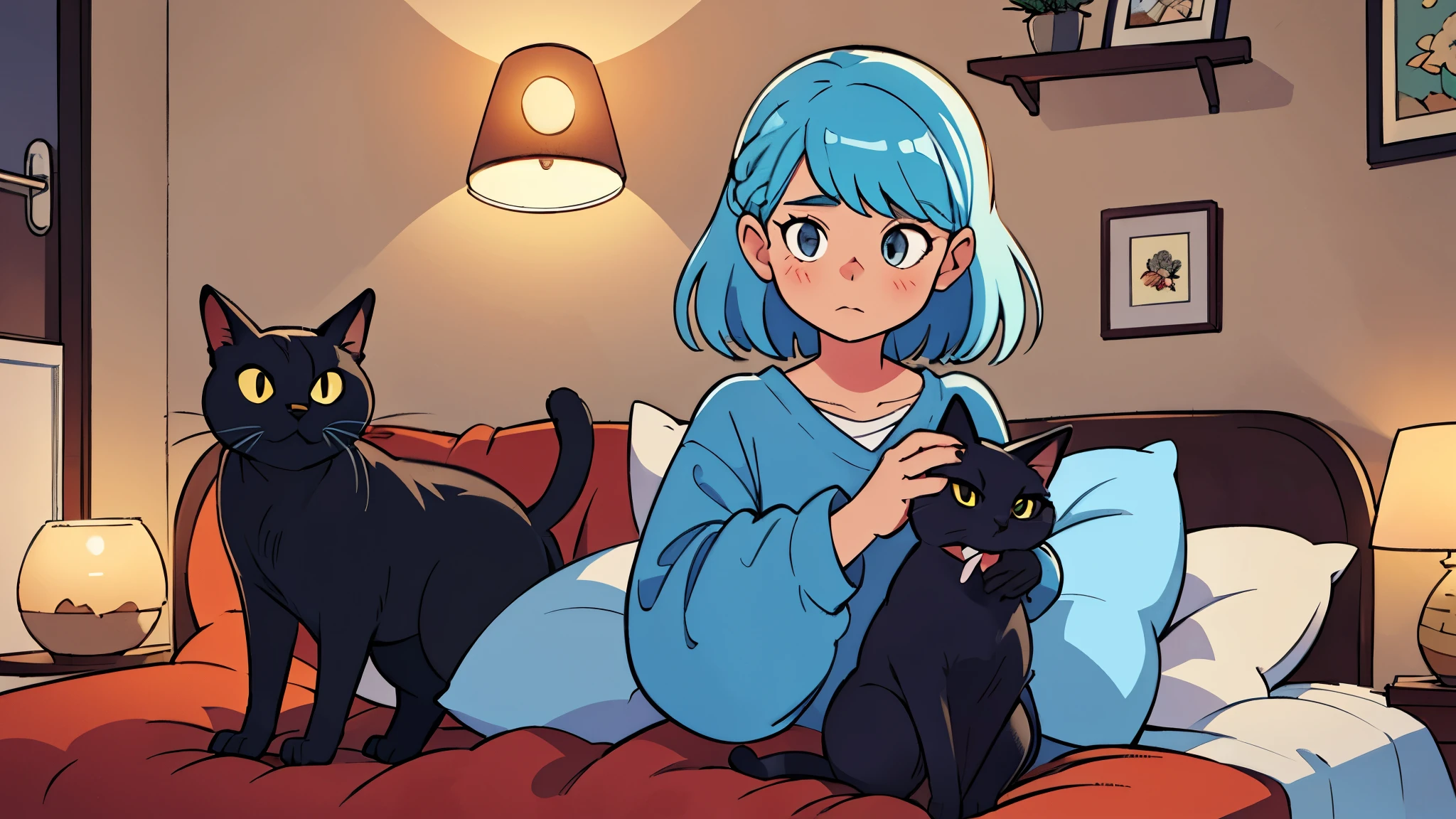 a woman with a fluffy black cat, she has blue color hair, she dresses casually and she is in her room what has an uncluttered decor, indirect and cozy lighting, artistic style