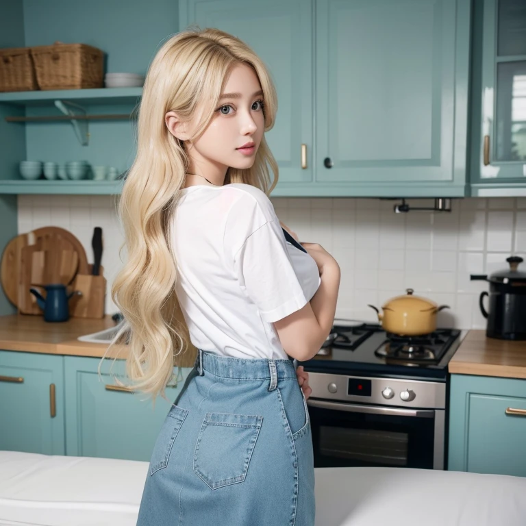 with long hair、Light blonde hair cot has soft waves.、Hairstyles with natural movement，with big eyes、Deep blue。Bright、Has a lively expression，Healthy and bright skin tone，Of medium height、Slim figure，Slightly large bust，from behind，Big Beautiful Ass，Navy blue denim，White T-shirt，Green apron，Apron strings tied behind her back，kitchen，