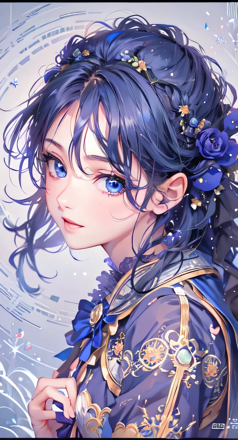 ((highest quality)), ((masterpiece)), (Get used to it), Perfect Face , masterpiece、highest quality、High resolution、High-quality images、8k, 1 female、Skin Radiance、Texture of skin and clothing、Expression of fine eyes、Shiny dark blue hair,Girl with short braided hair, Manga inspired by Lee Jong-suk, Trending on deviantart, realism, detailed manga style, Manga art style, Perfect Line Drawing, Beautiful line art, digital manga art girl, K-POPアイドル, Beautiful Blue Eyes, Lips become thicker, Gorgeous face with attention to detail, (Cute Smile), charm, Innocent, Side view, (Perfectly detailed face), (Beautiful Hands) Photorealistic images, Written boundary depth, 20th Generation ,beautiful girl , Green Rose , Lace dress , big breasts , protruding shoulders , I can see her cleavage , Green Rose , There are many green roses in the background ,