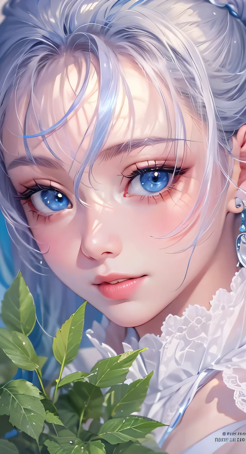 ((highest quality)), ((masterpiece)), (Get used to it), Perfect Face , masterpiece、highest quality、High resolution、High-quality images、8k, 1 female、Skin Radiance、Texture of skin and clothing、Expression of fine eyes、Shiny dark blue hair,Girl with short braided hair, Manga inspired by Lee Jong-suk, Trending on deviantart, realism, detailed manga style, Manga art style, Perfect Line Drawing, Beautiful line art, digital manga art girl, K-POPアイドル, Beautiful Blue Eyes, Lips become thicker, Gorgeous face with attention to detail, (Cute Smile), charm, Innocent, Side view, (Perfectly detailed face), (Beautiful Hands) Photorealistic images, Written boundary depth, 20th Generation ,beautiful girl , Green Rose , Lace dress , big breasts , protruding shoulders , I can see her cleavage , Green Rose , There are many green roses in the background ,