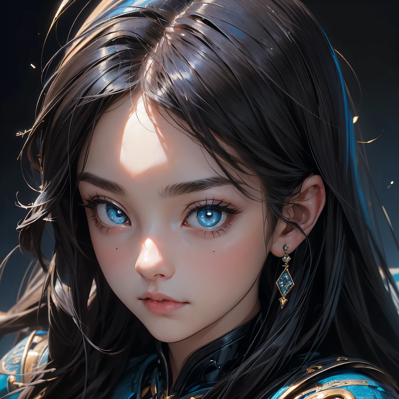 ((Masterpiece, Superb, Super Detailed, High Resolution)), solo, beautiful girl, sparkling eyes, perfect eyes, 15 years old, black and blue gold theme,